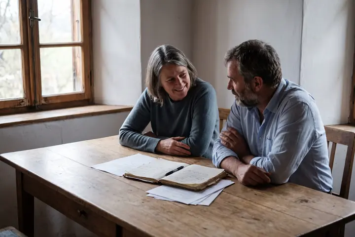 Two people sitting across a plain wooden table with paperwork between them, talking.