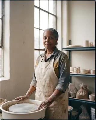 A woman in her sixties in a clay-marked apron standing at a potter’s wheel beside a tall studio window.