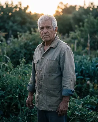 A man in his seventies in a faded work shirt standing in a garden at golden hour.